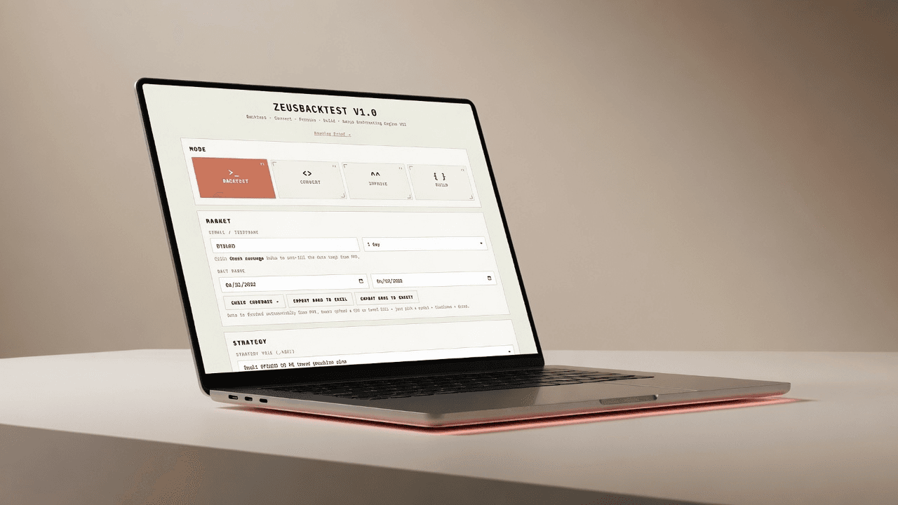 ZeusBacktest setup: backtest mode, market and date range, strategy file, and engine settings